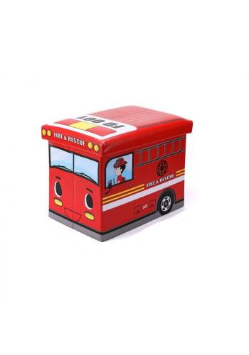 Koš na hračky - taburetka v podobě hasičského auta v červené barvě v akci