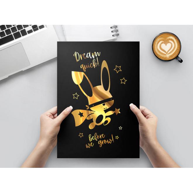 Dětský černý plakát se zrcadlovou grafikou zlatého ninja králíka