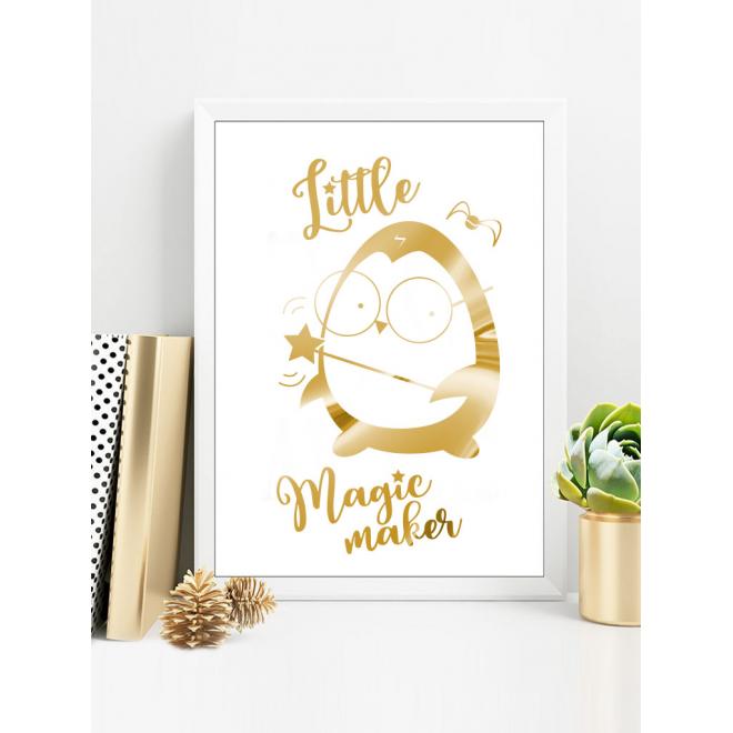 Bílý dětský plakát se zrcadlovou grafikou zlatého tučňáka