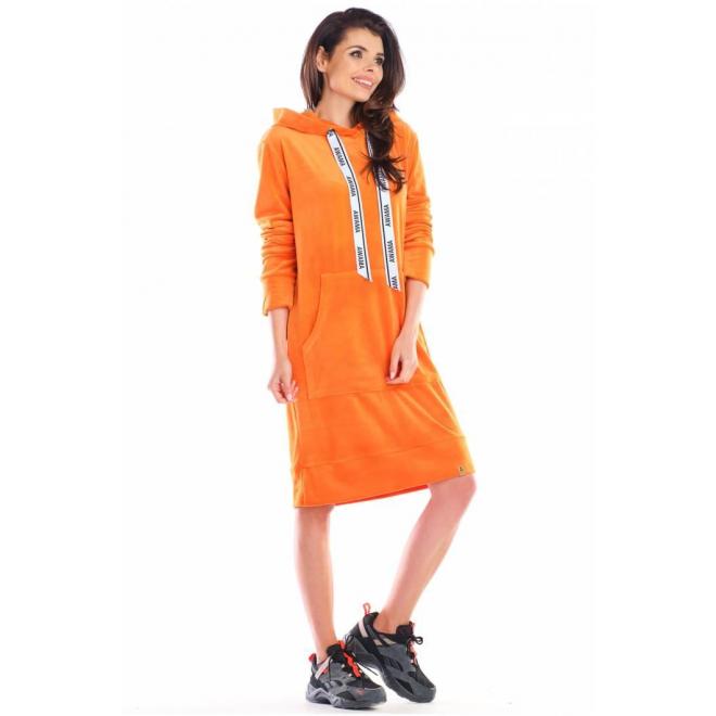 Oranžové velurové šaty s velkou přední kapsou pro dámy