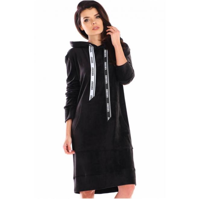 Velurové dámské šaty černé barvy s velkou přední kapsou