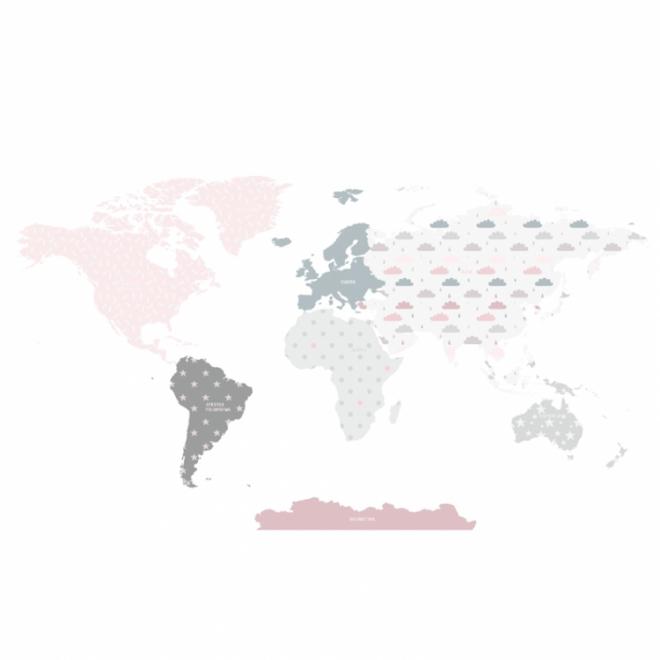 Nástěnná nálepka v podobě mapy světa v růžové barvě