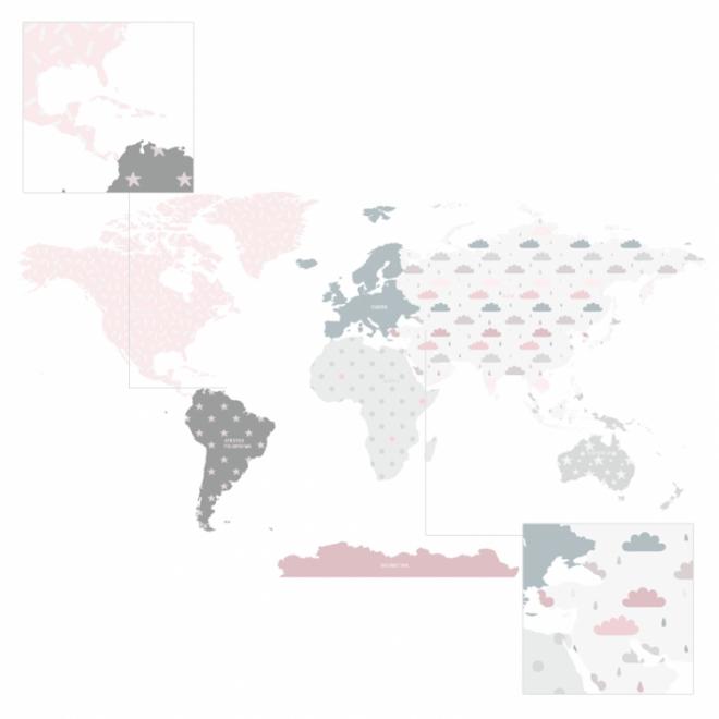 Nástěnná nálepka v podobě mapy světa v růžové barvě