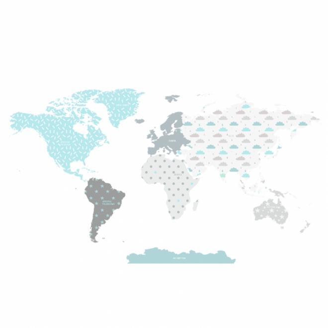 Sada nálepek v podobě mapy světa tyrkysové barvy