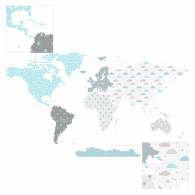 Sada nálepek v podobě mapy světa tyrkysové barvy