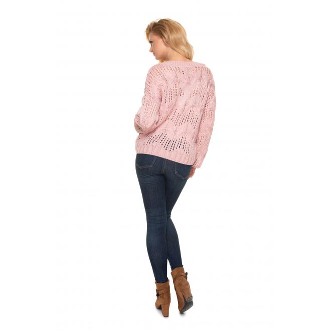 Dámský ažurový oversize svetr s véčkovým výstřihem v růžové barvě