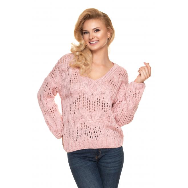 Dámský ažurový oversize svetr s véčkovým výstřihem v růžové barvě