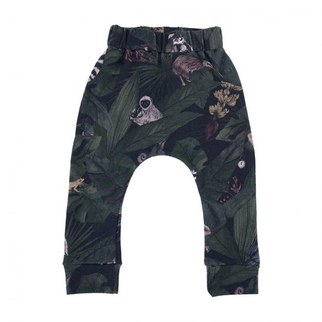 Bavlněné dětské kalhoty s gumičkou a s motivem detektivů z džungle