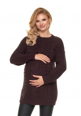 Teplý pletený svetr pro těhotné v hnědé barvě