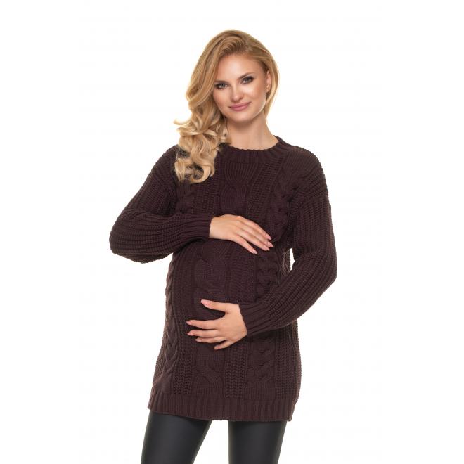 Teplý pletený svetr pro těhotné v hnědé barvě